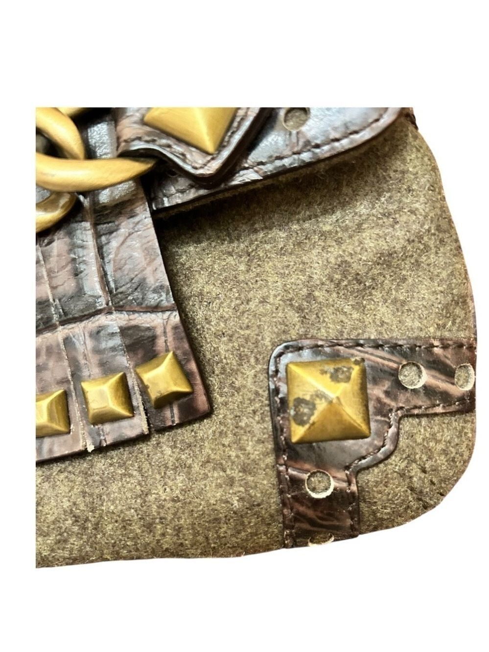 MICHAEL KORS Studs Chains Leather Fringe Vintage Army Green Wool Shoulder Bag EC - Picture 7 of 8
